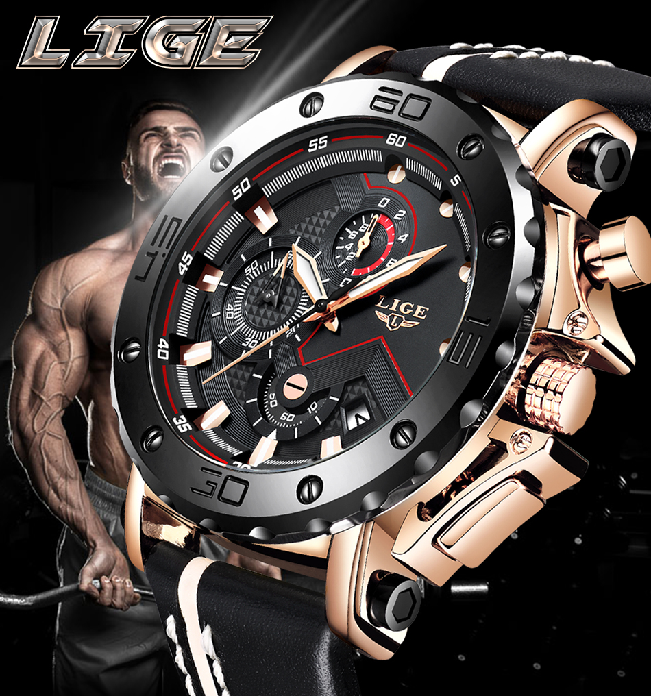 Reloj Masculino 2020, nuevo cronógrafo deportivo LIGE para hombre, relojes de marca de primera calidad de cuero Casual a prueba de agua, reloj de cuarzo para hombre