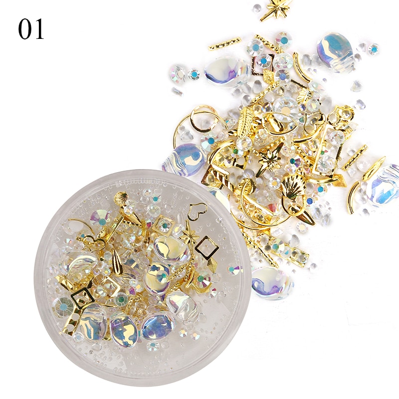 1 caja mezclada 3D diamantes de imitación decoración de Arte de uñas gemas de cristal Joyas oro AB piedras brillantes encanto de cristal ACCESORIOS DE MANICURA