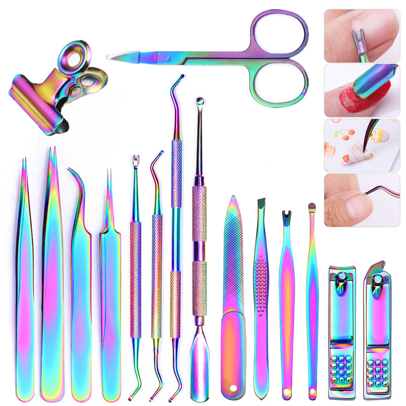 8 estilos de pinzas de empuje de cutícula de colores herramientas de empujador de uñas cortadora de cutículas piel muerta UV Gel polaco Acero inoxidable Herramientas de limpieza