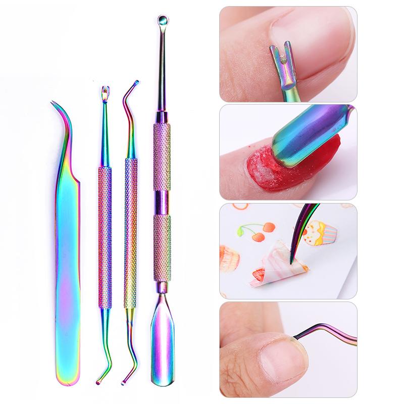 8 estilos de pinzas de empuje de cutícula de colores herramientas de empujador de uñas cortadora de cutículas piel muerta UV Gel polaco Acero inoxidable Herramientas de limpieza