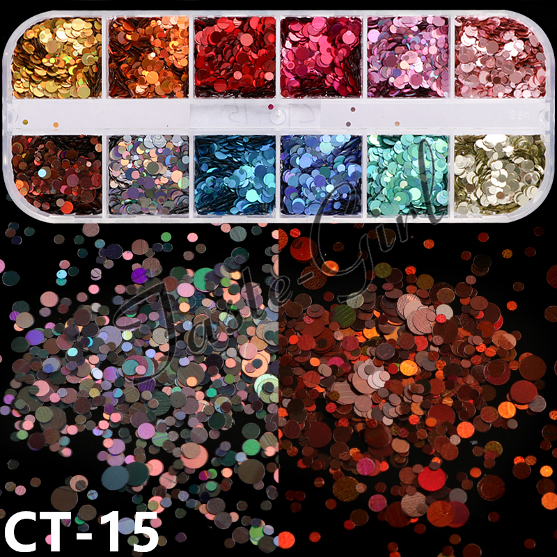 12 rejillas/Set de uñas de tamaño mezclados copos de brillantina lentejuelas 3D Paillette polvo encanto Nail Art decoración herramientas de manicura CT01-20