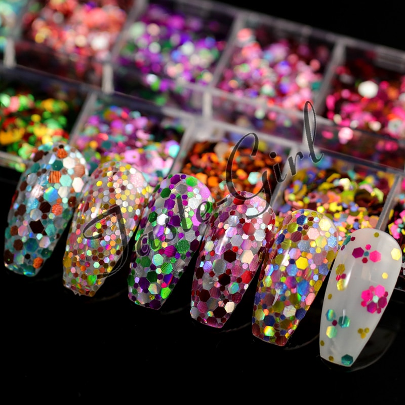 12 rejillas/Set de uñas de tamaño mezclados copos de brillantina lentejuelas 3D Paillette polvo encanto Nail Art decoración herramientas de manicura CT01-20