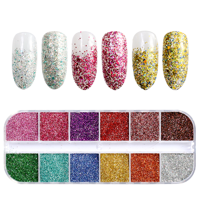 12 rejillas/Set de uñas de tamaño mezclados copos de brillantina lentejuelas 3D Paillette polvo encanto Nail Art decoración herramientas de manicura CT01-20