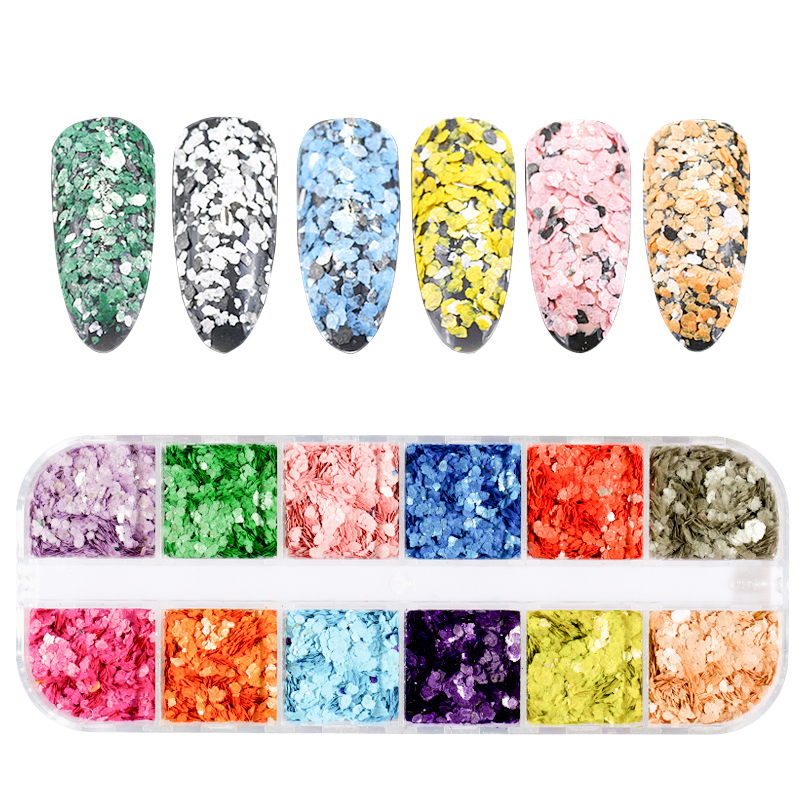 12 rejillas/Set de uñas de tamaño mezclados copos de brillantina lentejuelas 3D Paillette polvo encanto Nail Art decoración herramientas de manicura CT01-20