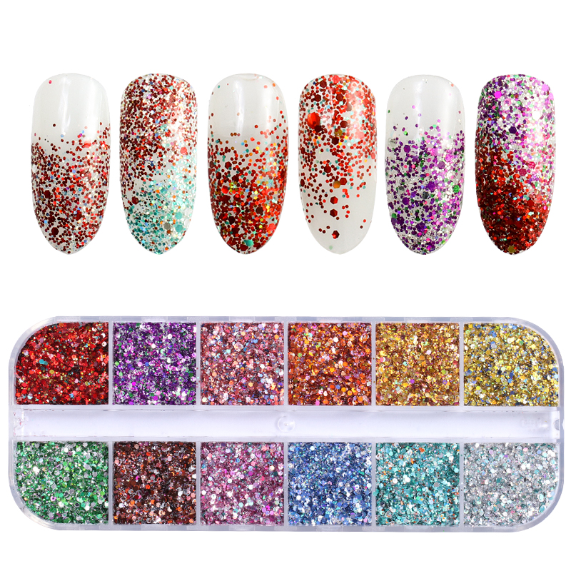 12 rejillas/Set de uñas de tamaño mezclados copos de brillantina lentejuelas 3D Paillette polvo encanto Nail Art decoración herramientas de manicura CT01-20