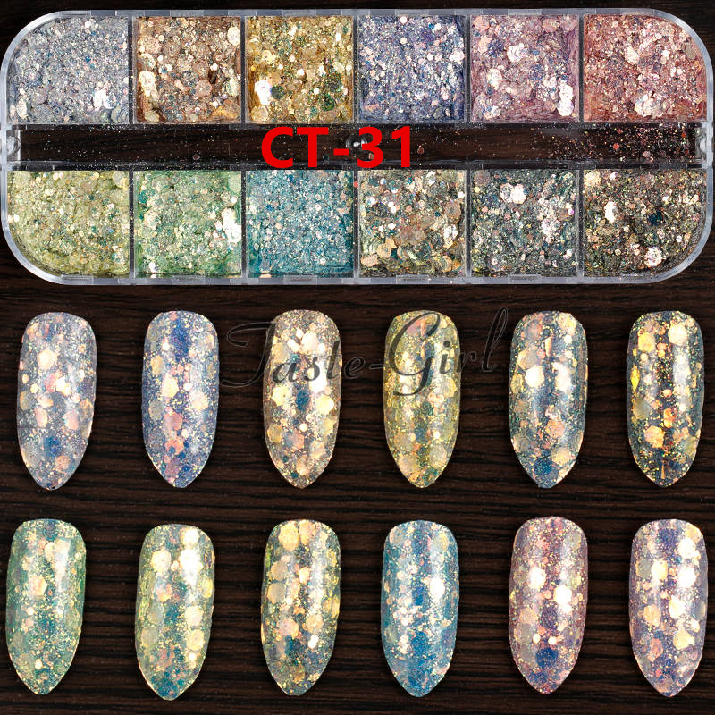 12 rejillas/Set de uñas de tamaño mezclados copos de brillantina lentejuelas 3D Paillette polvo encanto Nail Art decoración herramientas de manicura CT01-20