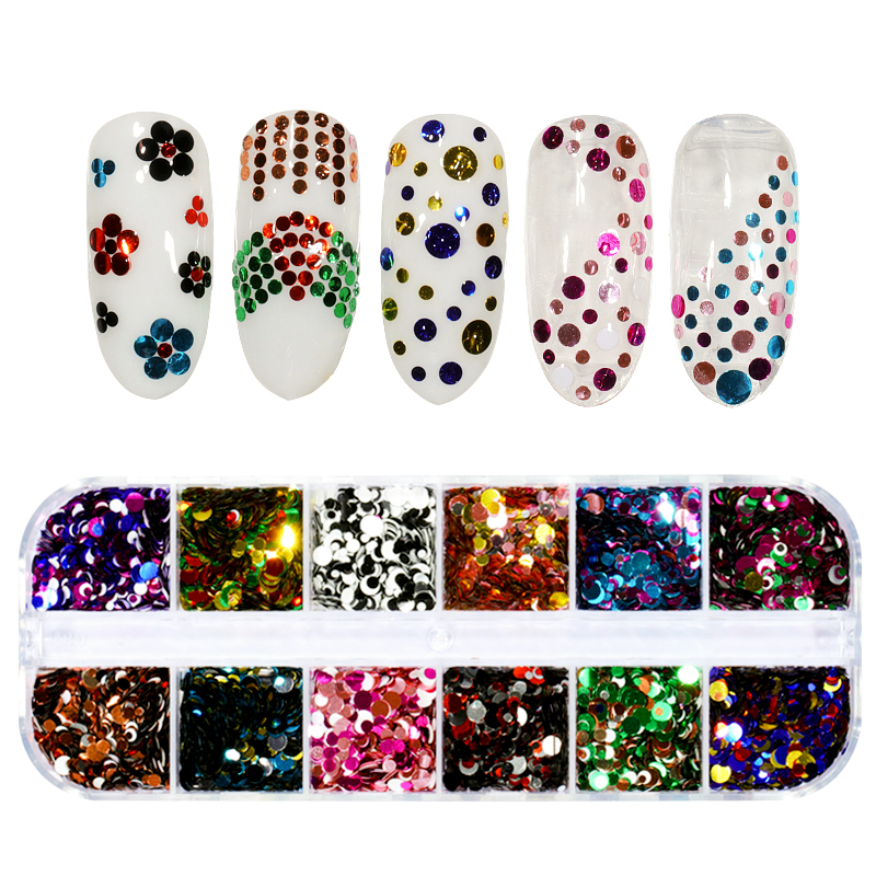 12 rejillas/Set de uñas de tamaño mezclados copos de brillantina lentejuelas 3D Paillette polvo encanto Nail Art decoración herramientas de manicura CT01-20