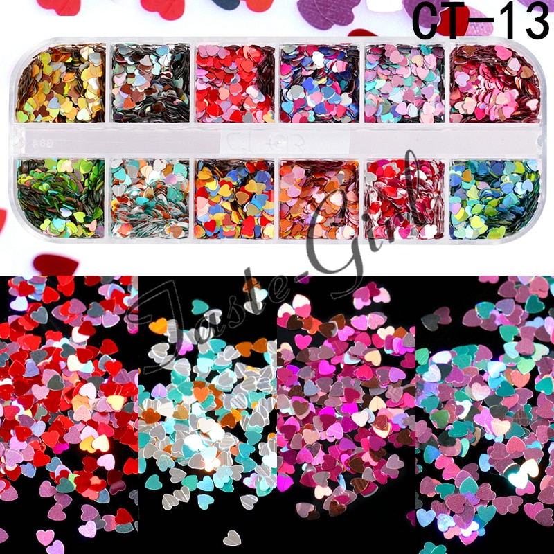 12 rejillas/Set de uñas de tamaño mezclados copos de brillantina lentejuelas 3D Paillette polvo encanto Nail Art decoración herramientas de manicura CT01-20