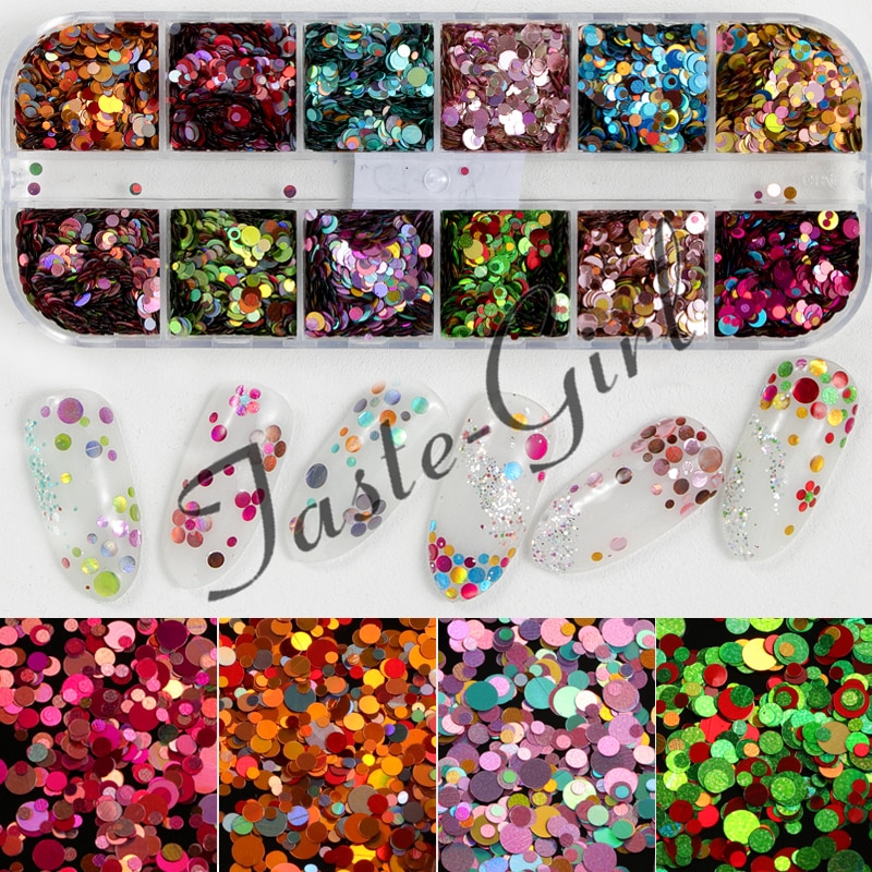 12 rejillas/Set de uñas de tamaño mezclados copos de brillantina lentejuelas 3D Paillette polvo encanto Nail Art decoración herramientas de manicura CT01-20