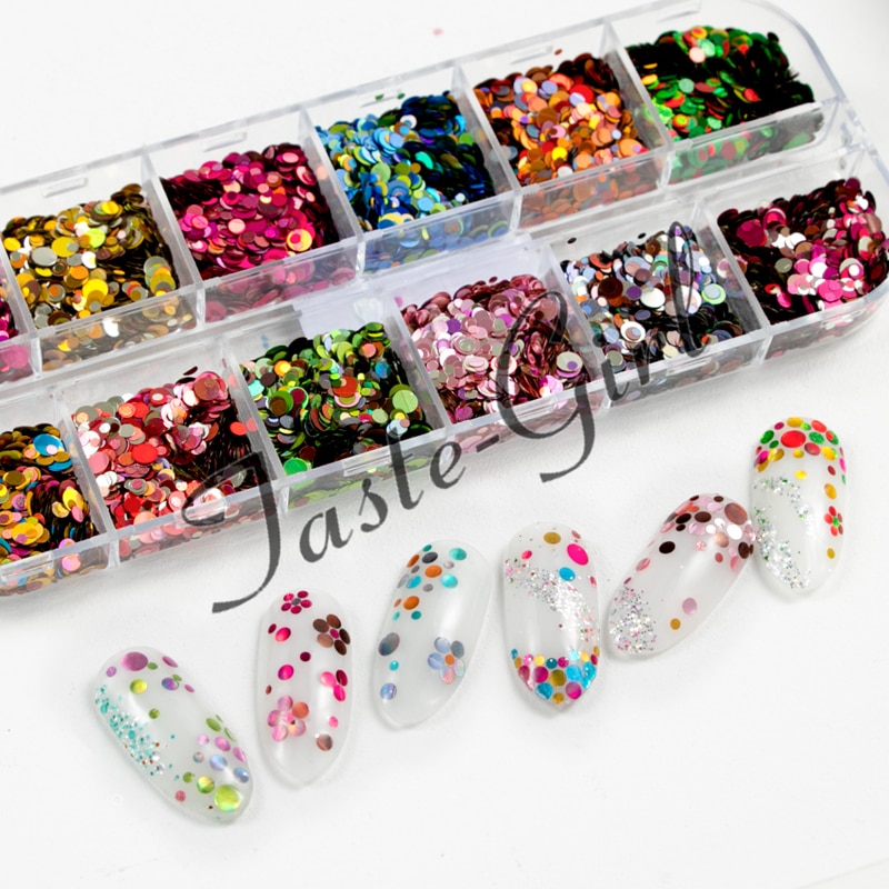 12 rejillas/Set de uñas de tamaño mezclados copos de brillantina lentejuelas 3D Paillette polvo encanto Nail Art decoración herramientas de manicura CT01-20