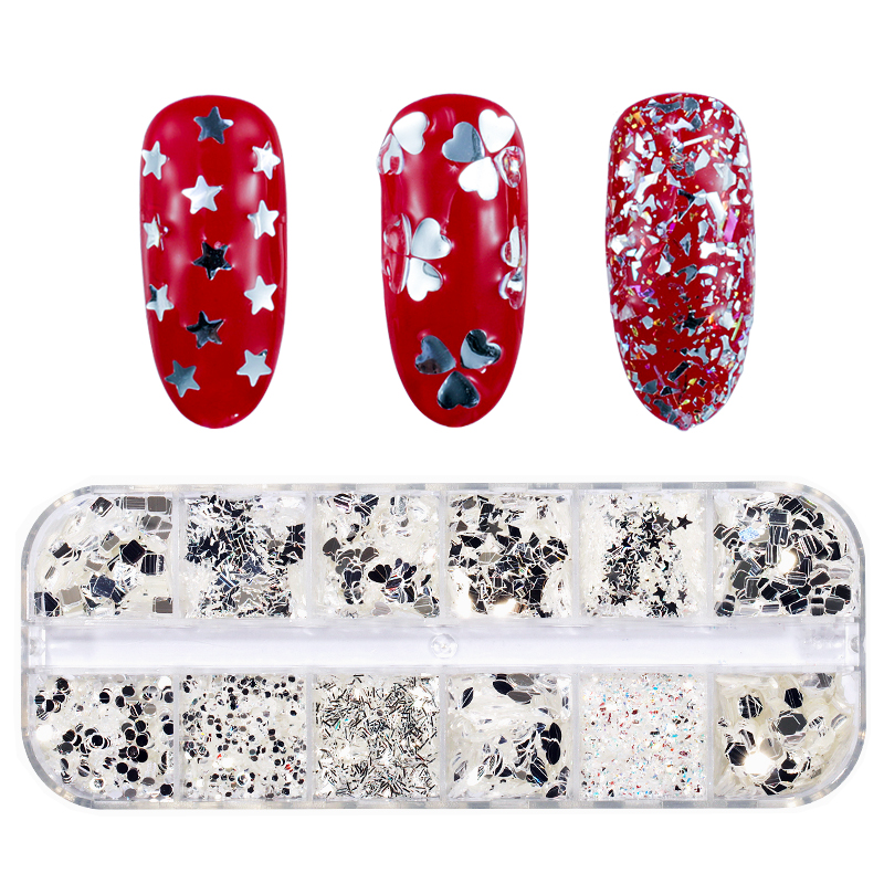 12 rejillas/Set de uñas de tamaño mezclados copos de brillantina lentejuelas 3D Paillette polvo encanto Nail Art decoración herramientas de manicura CT01-20