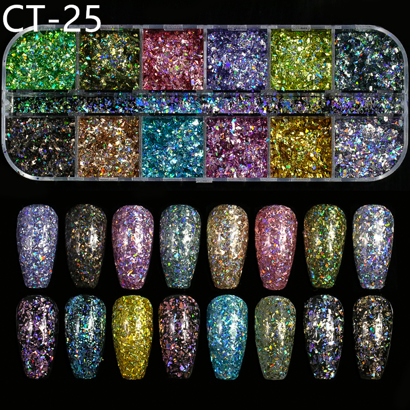 12 rejillas/Set de uñas de tamaño mezclados copos de brillantina lentejuelas 3D Paillette polvo encanto Nail Art decoración herramientas de manicura CT01-20