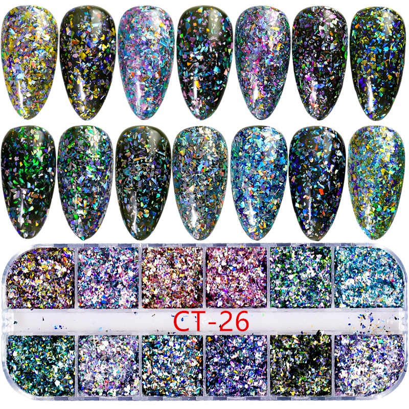 12 rejillas/Set de uñas de tamaño mezclados copos de brillantina lentejuelas 3D Paillette polvo encanto Nail Art decoración herramientas de manicura CT01-20