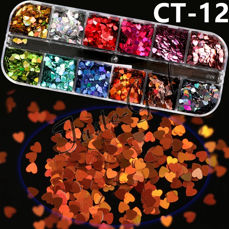 12 rejillas/Set de uñas de tamaño mezclados copos de brillantina lentejuelas 3D Paillette polvo encanto Nail Art decoración herramientas de manicura CT01-20