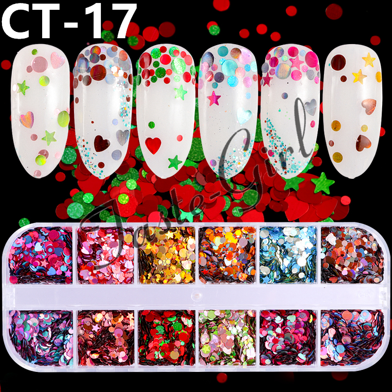 12 rejillas/Set de uñas de tamaño mezclados copos de brillantina lentejuelas 3D Paillette polvo encanto Nail Art decoración herramientas de manicura CT01-20