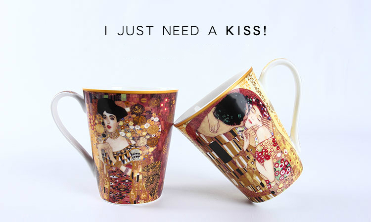 Avalon Bone China Gustav Klimt Famouspaint pintura al óleo taza de arte café usted taza de té de cerámica leche café taza 410ml Handgrip The Kiss