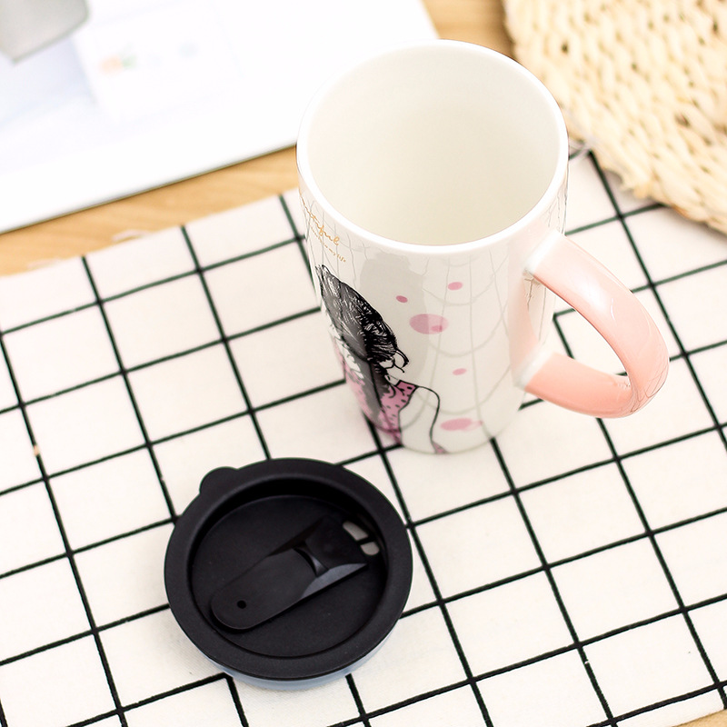 Taza de cerámica de diseño para belleza de 600ml con tapa, tazas de capacidad grandes, tazas de café, té, regalos novedosos, taza de leche