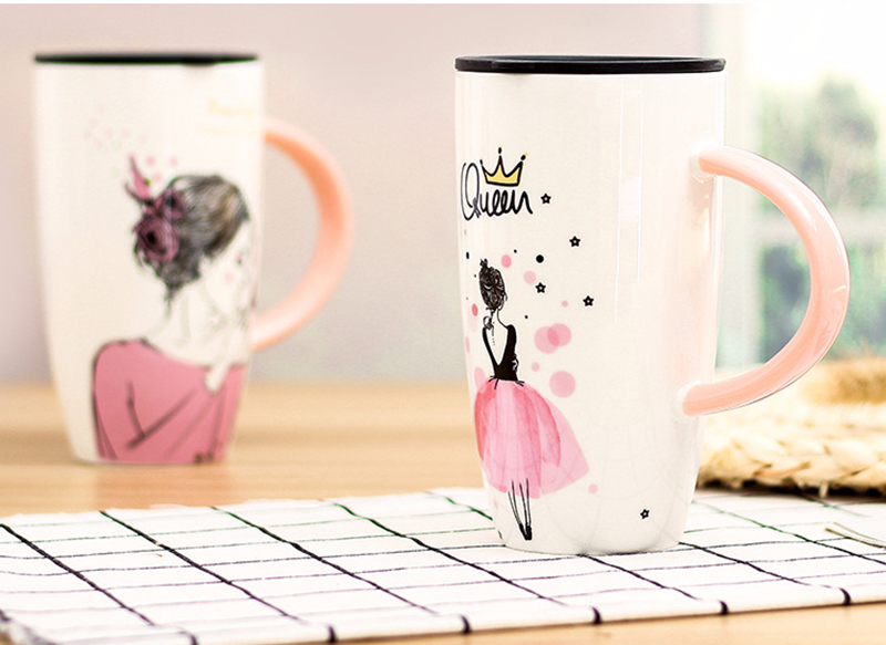 Taza de cerámica de diseño para belleza de 600ml con tapa, tazas de capacidad grandes, tazas de café, té, regalos novedosos, taza de leche