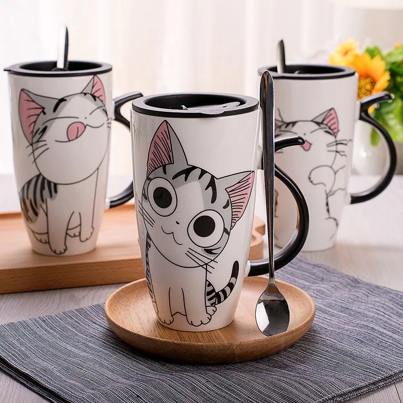 Envío de la gota 600ml creativo gato Taza de cerámica con tapa y cuchara de leche taza para té y café tazas de porcelana Bonitos regalos