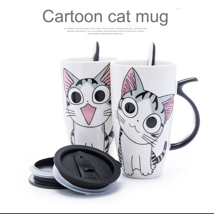Envío de la gota 600ml creativo gato Taza de cerámica con tapa y cuchara de leche taza para té y café tazas de porcelana Bonitos regalos