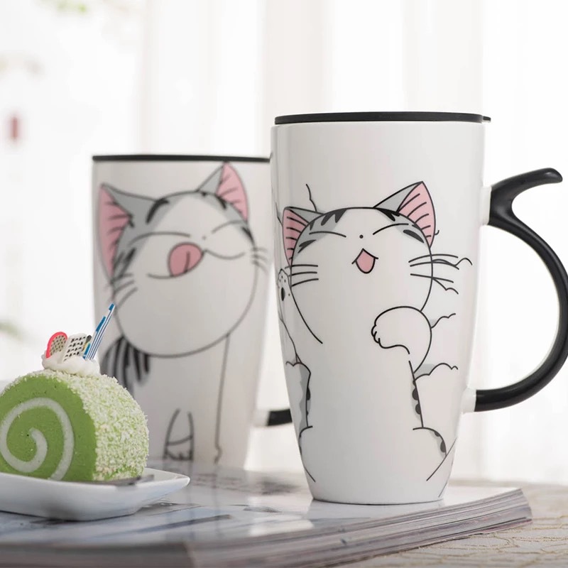 Envío de la gota 600ml creativo gato Taza de cerámica con tapa y cuchara de leche taza para té y café tazas de porcelana Bonitos regalos