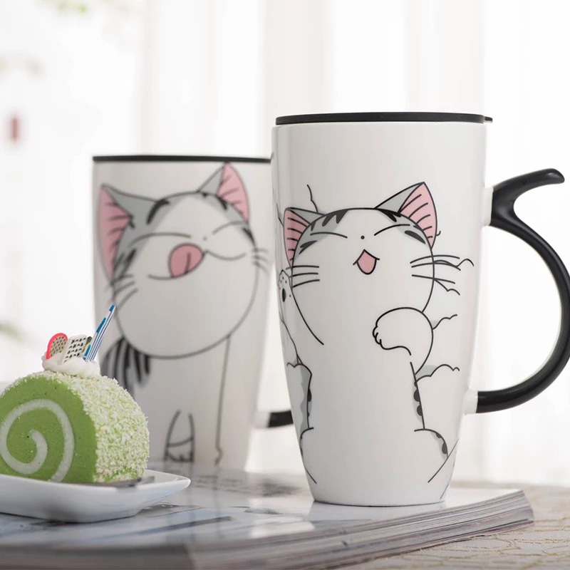 Envío de la gota 600ml creativo gato Taza de cerámica con tapa y cuchara de leche taza para té y café tazas de porcelana Bonitos regalos