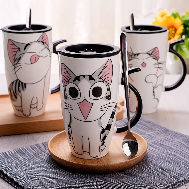 Envío de la gota 600ml creativo gato Taza de cerámica con tapa y cuchara de leche taza para té y café tazas de porcelana Bonitos regalos