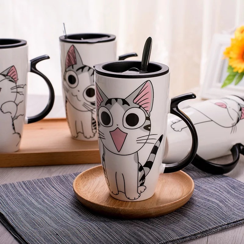 Envío de la gota 600ml creativo gato Taza de cerámica con tapa y cuchara de leche taza para té y café tazas de porcelana Bonitos regalos