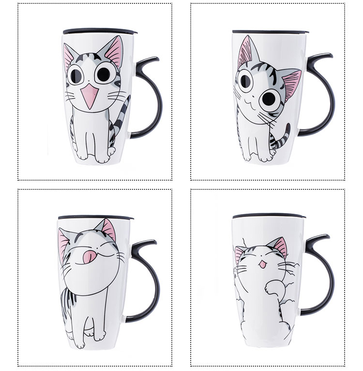 Envío de la gota 600ml creativo gato Taza de cerámica con tapa y cuchara de leche taza para té y café tazas de porcelana Bonitos regalos