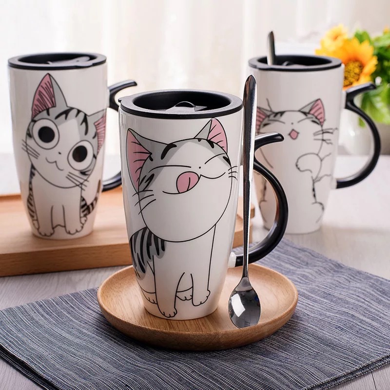 Envío de la gota 600ml creativo gato Taza de cerámica con tapa y cuchara de leche taza para té y café tazas de porcelana Bonitos regalos