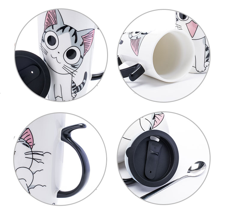 Envío de la gota 600ml creativo gato Taza de cerámica con tapa y cuchara de leche taza para té y café tazas de porcelana Bonitos regalos