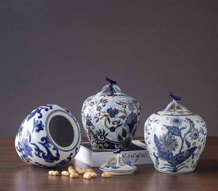 Jarrones de porcelana clásicos azules y blancos Vintage para hogar, artesanías de cerámica con funda, tarro de almacenamiento, decoración de escritorio, maceta de flores