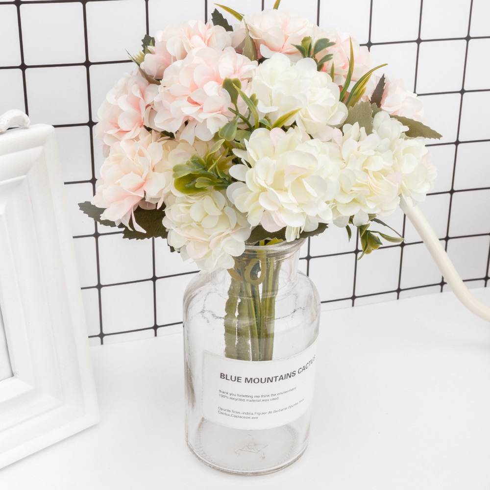 Hortensias de seda, flores artificiales de alta calidad, ramo pequeño de flores blancas de boda, flores falsas para decoración del hogar, Rosa