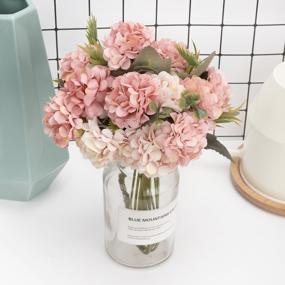 Hortensias de seda, flores artificiales de alta calidad, ramo pequeño de flores blancas de boda, flores falsas para decoración del hogar, Rosa