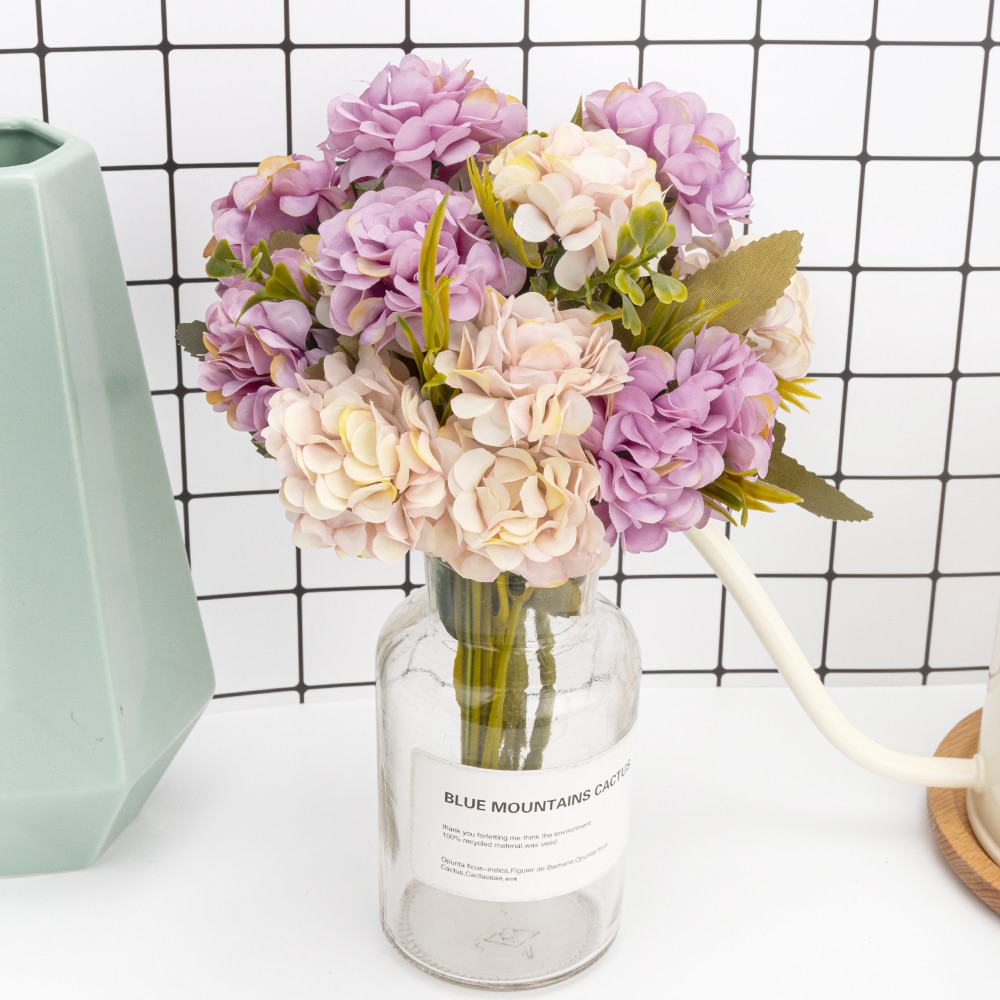 Hortensias de seda, flores artificiales de alta calidad, ramo pequeño de flores blancas de boda, flores falsas para decoración del hogar, Rosa