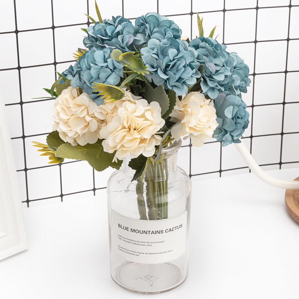 Hortensias de seda, flores artificiales de alta calidad, ramo pequeño de flores blancas de boda, flores falsas para decoración del hogar, Rosa