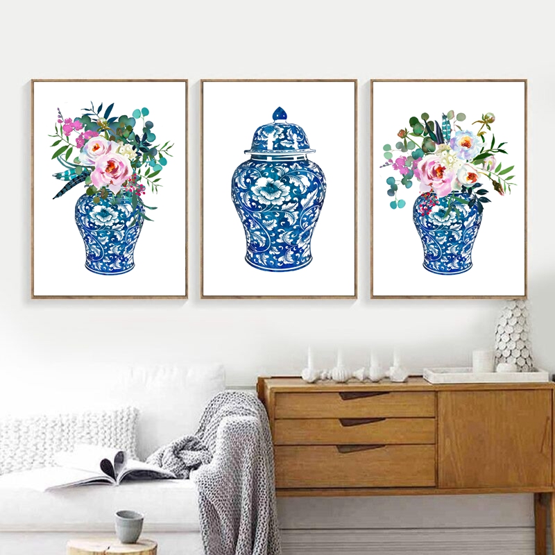 Tarro de jengibre, ramos de acuarela, decoración de China, impresión en lienzo, cartel botánico Floral, florero Oriental, jarrón, cuadro de rosas, tarro de porcelana