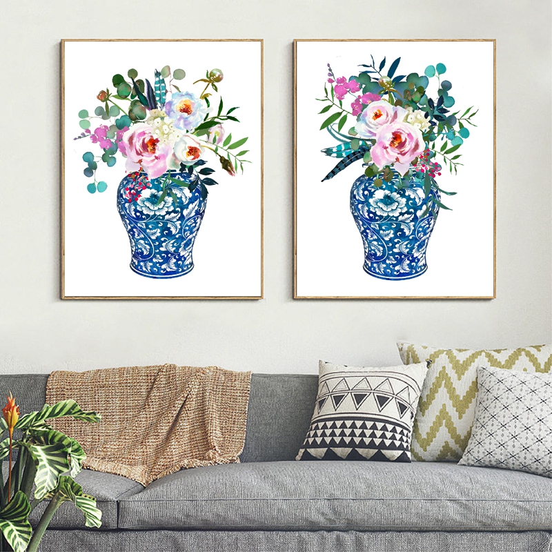 Tarro de jengibre, ramos de acuarela, decoración de China, impresión en lienzo, cartel botánico Floral, florero Oriental, jarrón, cuadro de rosas, tarro de porcelana