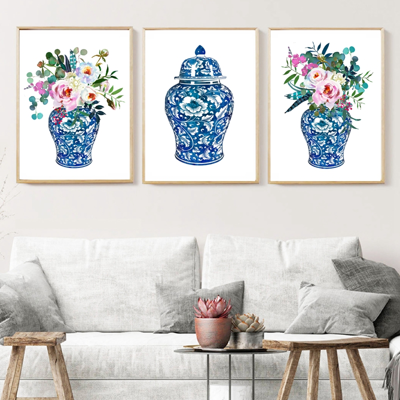 Tarro de jengibre, ramos de acuarela, decoración de China, impresión en lienzo, cartel botánico Floral, florero Oriental, jarrón, cuadro de rosas, tarro de porcelana
