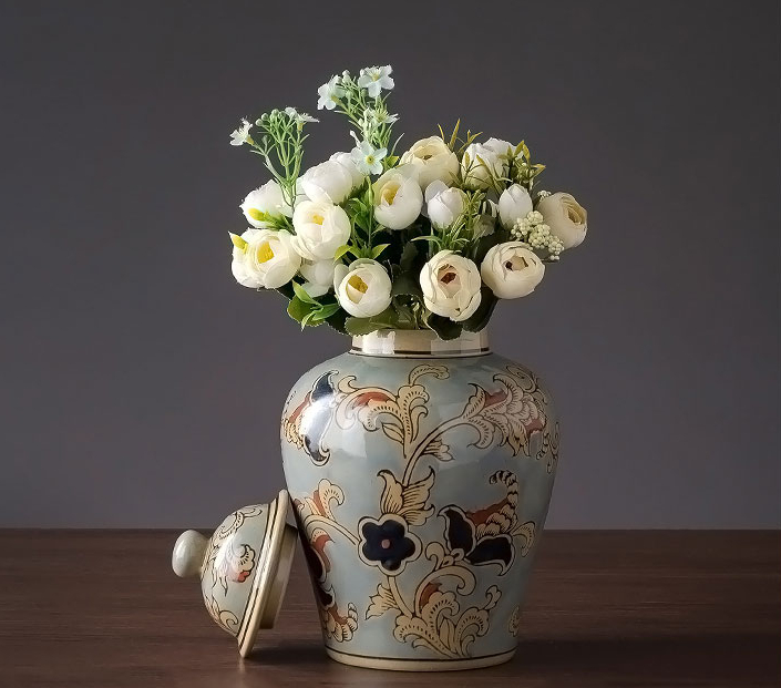 Jarrones clásicos de cerámica, jarrón de flores de porcelana azul y blanca, vajilla de barro Floral para escritorio, porcelana casera decorativa