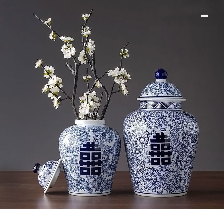 Jarrones clásicos de cerámica, jarrón de flores de porcelana azul y blanca, vajilla de barro Floral para escritorio, porcelana casera decorativa