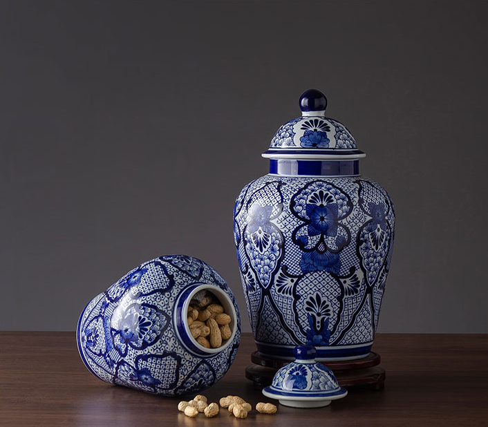 Jarrones clásicos de cerámica, jarrón de flores de porcelana azul y blanca, vajilla de barro Floral para escritorio, porcelana casera decorativa