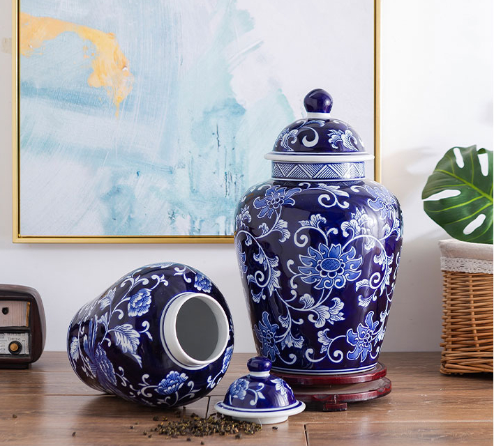 Jarrones clásicos de cerámica, jarrón de flores de porcelana azul y blanca, vajilla de barro Floral para escritorio, porcelana casera decorativa