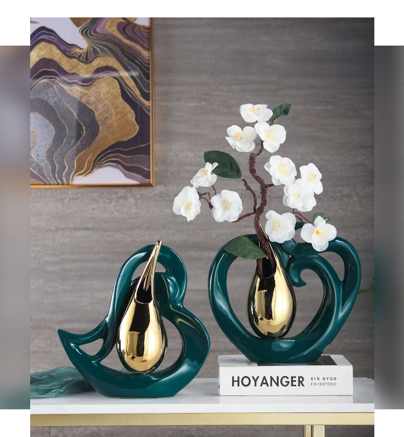 Jarrones de cerámica creativos en forma de corazón, jarrón de porcelana hueco con arreglo floral dorado en forma de gota, decoración moderna para el hogar