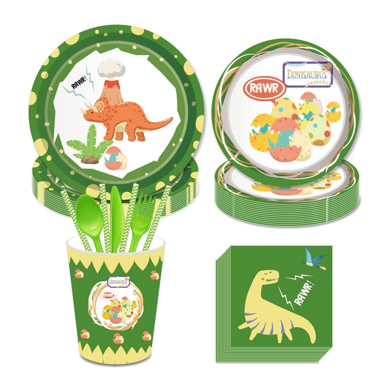 Staraise 16 Uds vajilla desechable dinosaurio tema plato de papel para fiesta/taza/servilleta para fiesta de bienvenida para el futuro bebé niños suministros de fiesta de cumpleaños