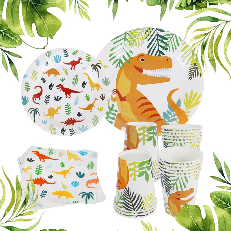Staraise 16 Uds vajilla desechable dinosaurio tema plato de papel para fiesta/taza/servilleta para fiesta de bienvenida para el futuro bebé niños suministros de fiesta de cumpleaños