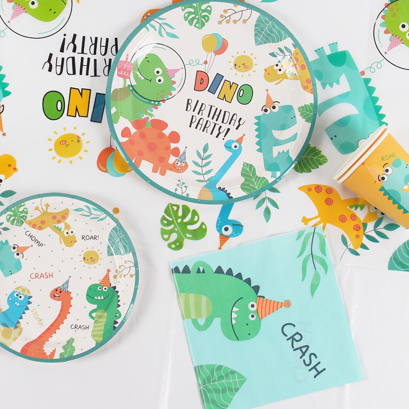 Staraise 16 Uds vajilla desechable dinosaurio tema plato de papel para fiesta/taza/servilleta para fiesta de bienvenida para el futuro bebé niños suministros de fiesta de cumpleaños