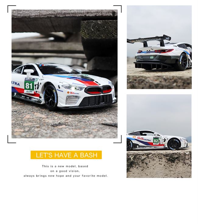 Coche de carreras ligero y con sonido para niños, juguete educativo a escala 1:32, modelo de juguete de Metal fundido a presión, GTE Le Mans de 2018 BMW-M8, regalo para niños