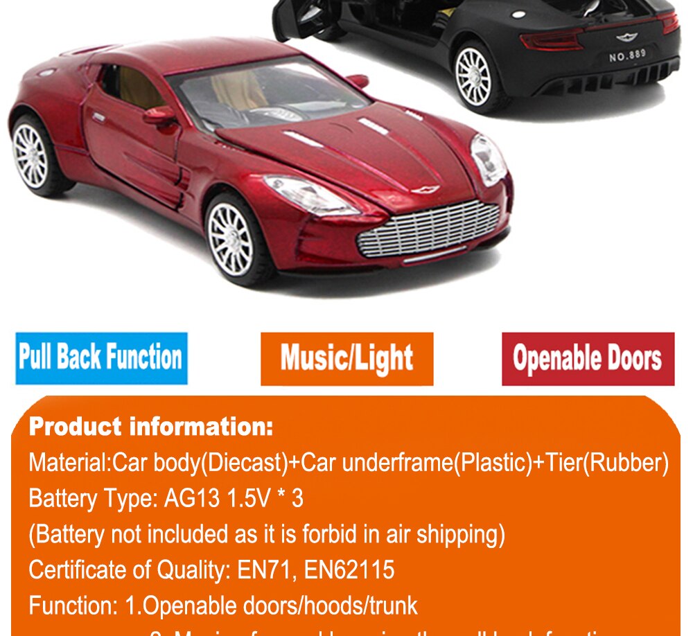 Aston Martin One-77 coches de juguete de Metal, 1/32 modelo de escala fundida, regalo para niños con función de extracción trasera/música/luz/puerta de apertura