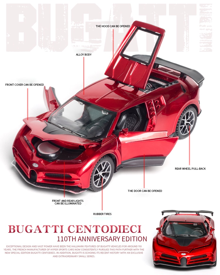 Bugatti centodievi fundido a presión coche en miniatura de aleación edición de aniversario, juguetes coleccionables para niños, envío gratis, 1:32